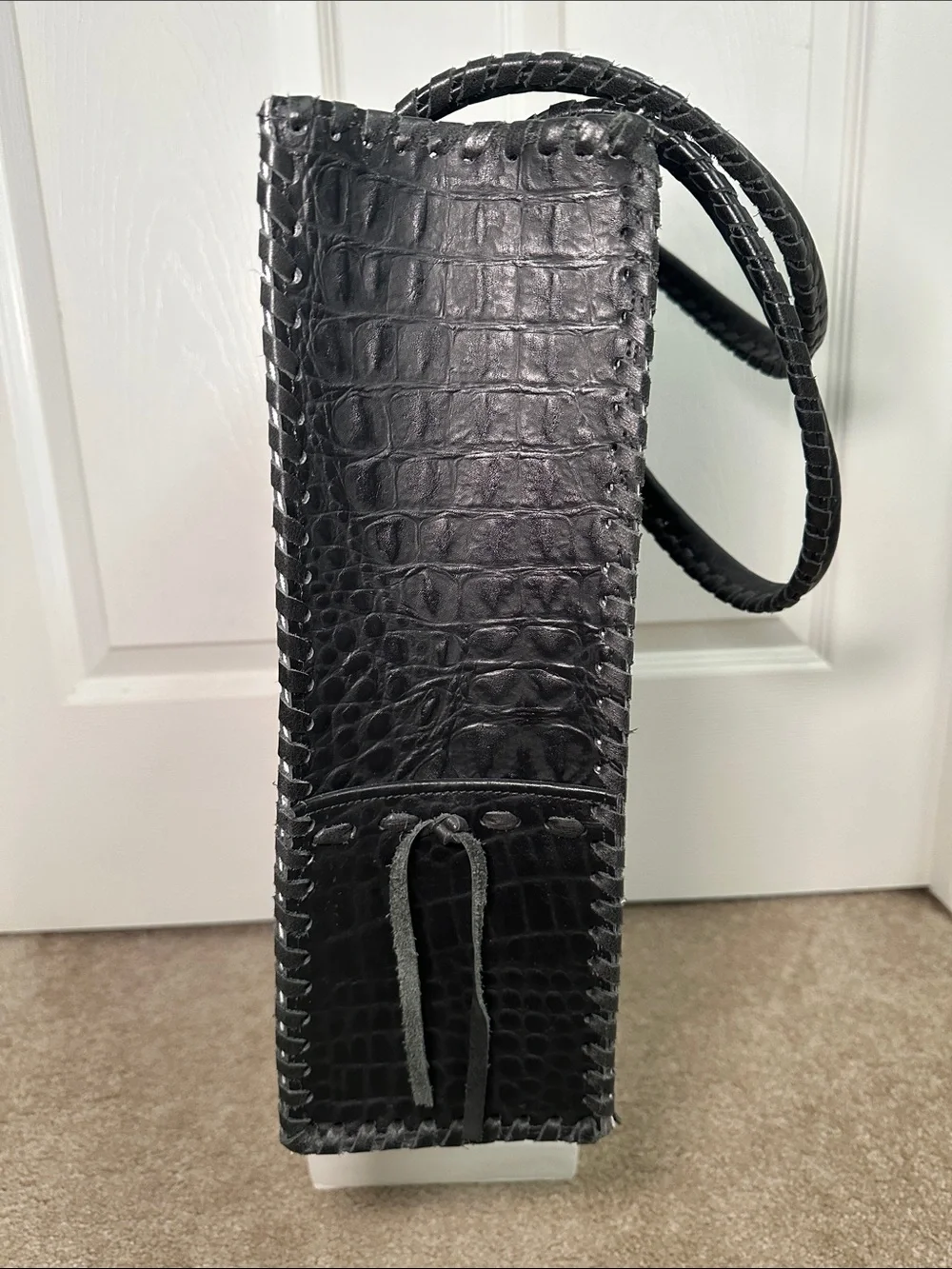 Structured Black Haircalf Tote with Braided Trim, black croc leather on opposite